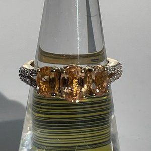 Golden Imperial Topaz and Natural White Zircon Trilogy Ring -- Size 5